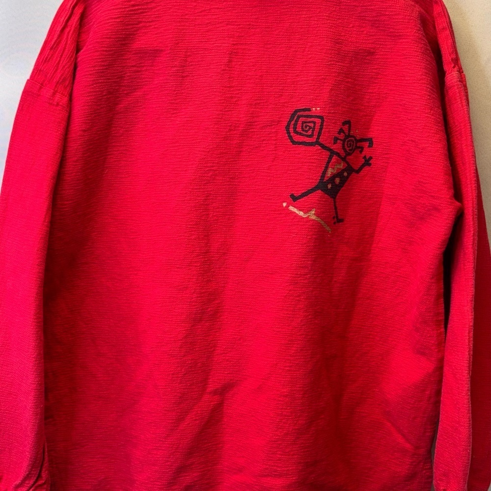 4FUN Vintage Red Long Sleeve Pullover Shirt Aztec Native American Art Red - Picture 5 of 9